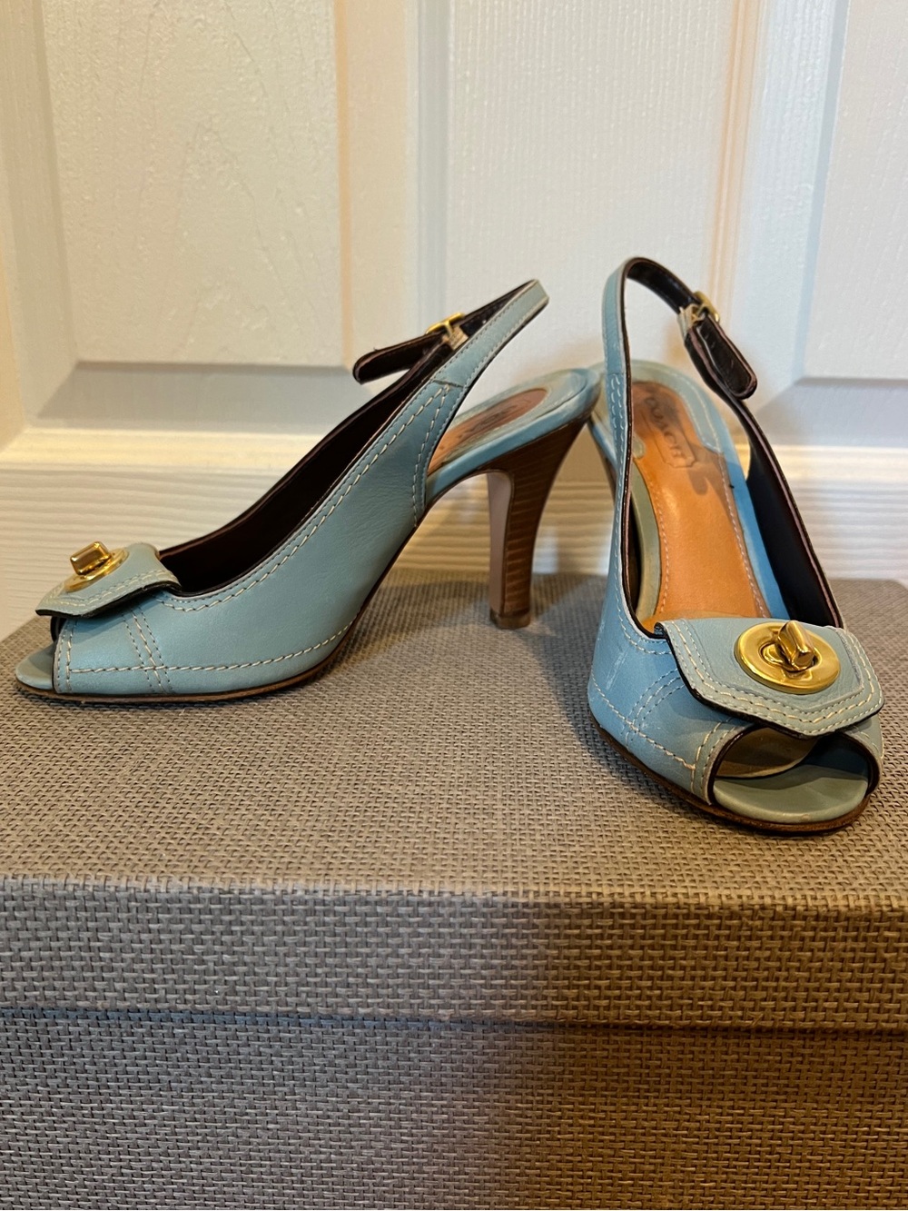 Coach Dori Blue Italian Leather Peep-Toe Heels with Gold Buckle Accent